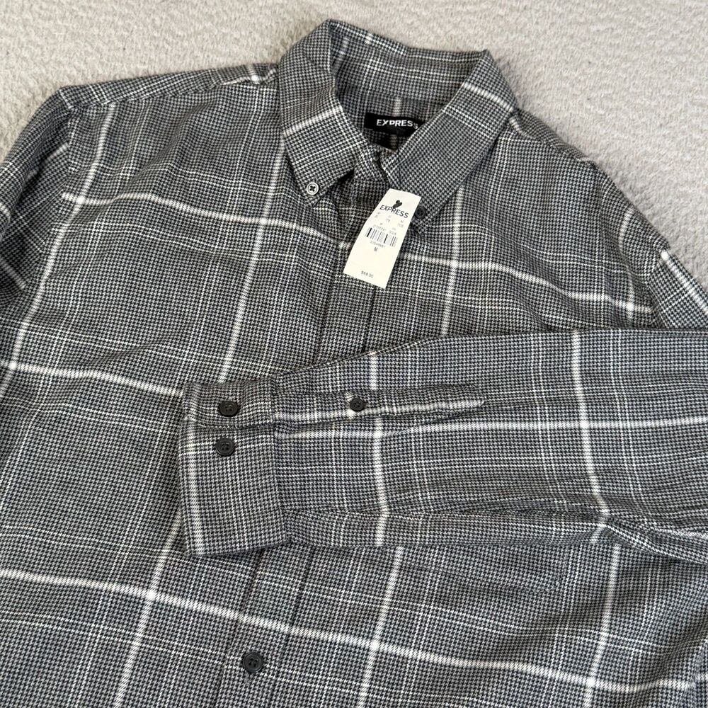 EXPRESS Flannel Shirt Men M Gray Black Plaid Long Sleeve Business Casual Office